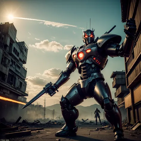 A battered cyborg samurai, with obvious damage, is facing off against the evil boss Mecha ninja in an urban decay setting. The scene unfolds with intense energy as the cyborg samurai prepares to engage in an epic battle. The cyborg samurai stands tall, ema...