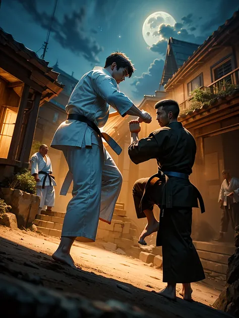 whole shot:1.4, (ultra detailed eyes), (((textile shading))), (((Best quality))), (((table))), (((ultra detailed CG))),(( Karate , between 2 strong men competing in front of each other: 1.5)), Karate, people watching the competition in a Japanese temple: 1...