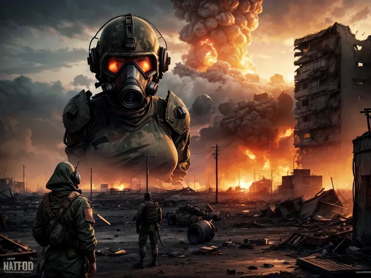 (best quality,4k,8k,highres,masterpiece:1.2),ultra-detailed,(realistic,photorealistic,photo-realistic:1.37), The final battle, the Third World War, nuclear bomb explosion, illustrations, post-apocalyptic landscape, devastating destruction, chaotic ruins, s...