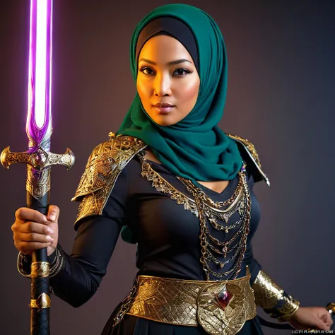 (busty malaysian woman:1.1, age 40:1.1, hijab no hair showing:1.1, athletic:1.1, many chains jewels and charms, wielding magic weapons), final showdown against a jeweled dragon, (best quality:1.2), ultra-detailed, realistic:1.37, HDR, studio lighting, vivi...