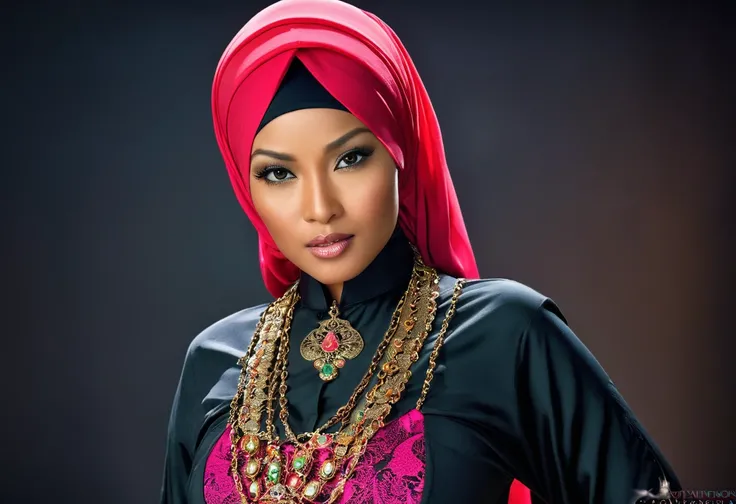 (busty malaysian woman:1.1, age 40:1.1, hijab no hair showing:1.1, athletic:1.1, many chains jewels and charms, wielding magic weapons), final showdown against a jeweled dragon, (best quality:1.2), ultra-detailed, realistic:1.37, HDR, studio lighting, vivi...