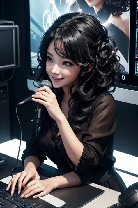 Cinematic digital art: 1.3) high-quality, tabletop, the highest quality, Super detail, lighting girl sitting、Cuffbox、Desktop microphone、In front of your computer、、Black curly hair logo、Speak into the microphone, animated, Full HD . 3D, 4k、A smile and doing...