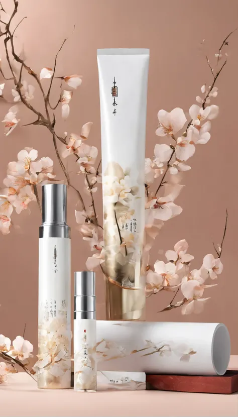 There is a cosmetic product on the table，There are flowers on it, product photo, Official Product Image, Product introduction photos, Product Image, su fu, Smooth porcelain skin, 专业product photo, shaxi, Product introduction photos, Japanese series products...