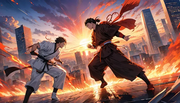 Anime illustration,, A dramatic and intense final showdown scene, where two skilled martial artists are engaged in a high-stakes battle. The background is a city skyline with tall, modern buildings, and a vibrant sunset. The atmosphere is a mix of adrenali...