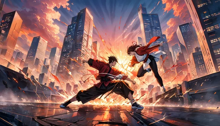 anime illustration,, a dramatic and intense final showdown scene, where two skilled martial artists are engaged in a high-stakes...