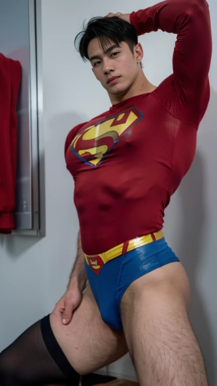 Man body setting，Superman costume tights , (bare thighs ) , sexy , NSFW , eroticism , R18 , seduction, standing , high raise thong , big thighs , fat hips