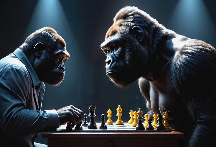 A man and a gorilla playing a final showdown game of chess in a dark room, haze lighting, 4k, uhd, masterpiece, vivid colours