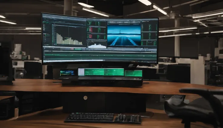 This is a close-up of the wide monitor in the production factory office. There is only one monitor, an LG ultra-wide monitor.