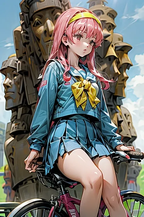 a girl rides a bicycle,fujisaki shiori, yellow hairband, school uniform, serafuku, long sleeves, pleated skirt, moai in the background on Easter Island
