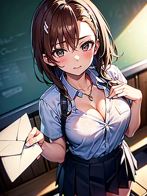 Misaka Mikoto、 (hold an envelope to your chest)、classroom、after school、blush、embarrassing、uniform、UHD, retina, masterpiece, ccurate, anatomically correct, textured skin, super detail, high details, high quality, best quality, highres, 4K