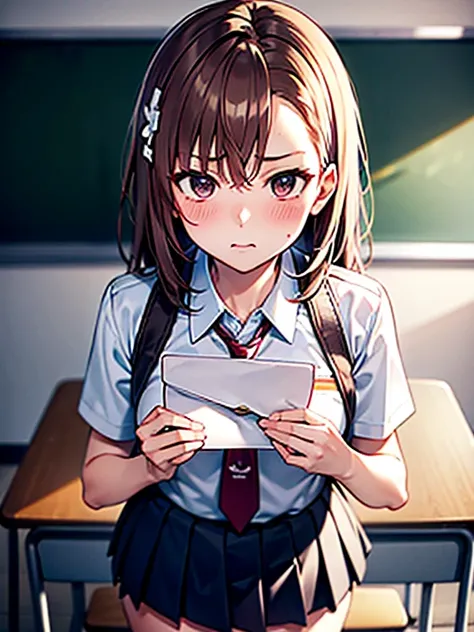 Misaka Mikoto、 (hold an envelope to your chest)、classroom、after school、blush、embarrassing、uniform、UHD, retina, masterpiece, ccurate, anatomically correct, textured skin, super detail, high details, high quality, best quality, highres, 4K