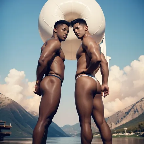 Two boys showing big fat ass , rounded buttock, toned, handsome, thongs, big bags, buttocks, sexy , nsfw , standing , ass facing viewer , 2 male , raise your ass , raise your buttocks , standing side by side , smirk , face details , 16k resolution , ultra-...