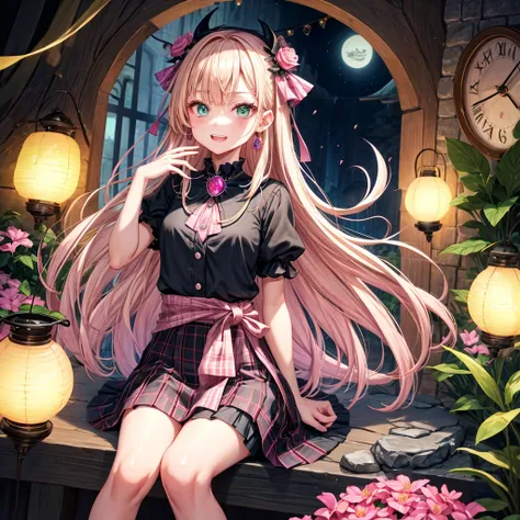 pink blonde、green eyes、one good looking girl、solo、anime、plaid mini skirt、the skirt has buttons、black camisole、black t-shirt、dress、wearing a ribbon、ribbon at waist、cloak、hood、stone slabs are piled up、raising one hand、crystal earrings、monster castle、jewelry ...