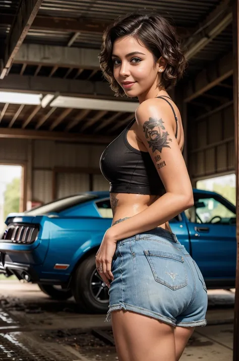 19yo woman, view from side, nice butt, very short shorts, butt cheeks, very short hair, hourglass figure, athletic build, smile, large breasts, cleavage, (full arm tattoo:1.2), white tight tank top, mechanic, (bent over), (bending over), (bent at the waist...