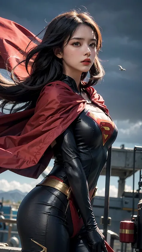 Woman wearing detailed SuperMan costume with full sleeves covering the entire body, serious face, (flying in sky), vivid colors, dramatic lighting, red cape, cinematic costume, carbon fiber detailed suit,