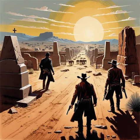 Illustration of the iconic final showdown from "The Good, the Bad and the Ugly, " featuring three gunslingers in a triangular standoff at a distance of 20 paces , viewed from an elevated side angle, revolvers drawn and pointed at one another, scattered ide...