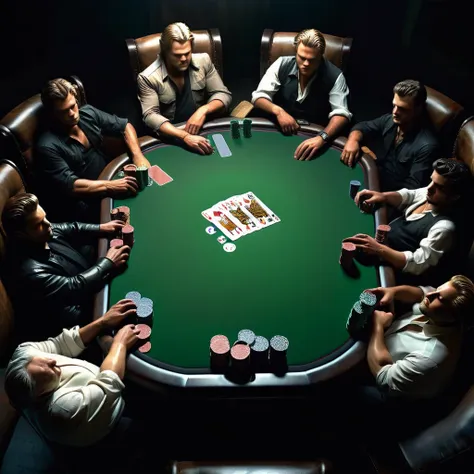 top view of a poker table, players cast in shadows with a stack of chips central, all in.  cards dealt and bets placed, ultra-de...