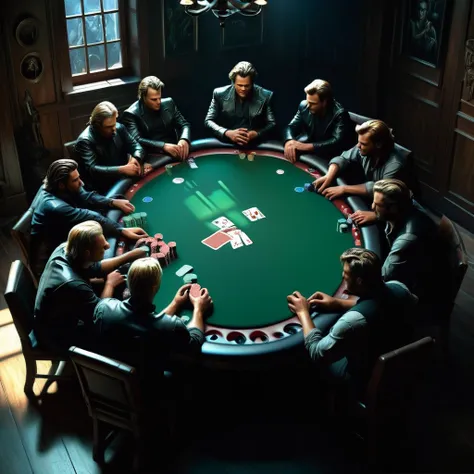 top view of a poker table, players cast in shadows with a stack of chips central, all in.  cards dealt and bets placed, ultra-de...