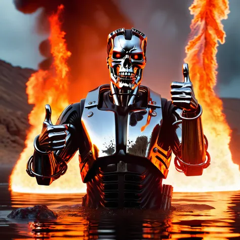 t-800 submerging into a molten metal lake, semi-submerged head and arm protruding, hand delivering a thumbs-up gesture, terminat...