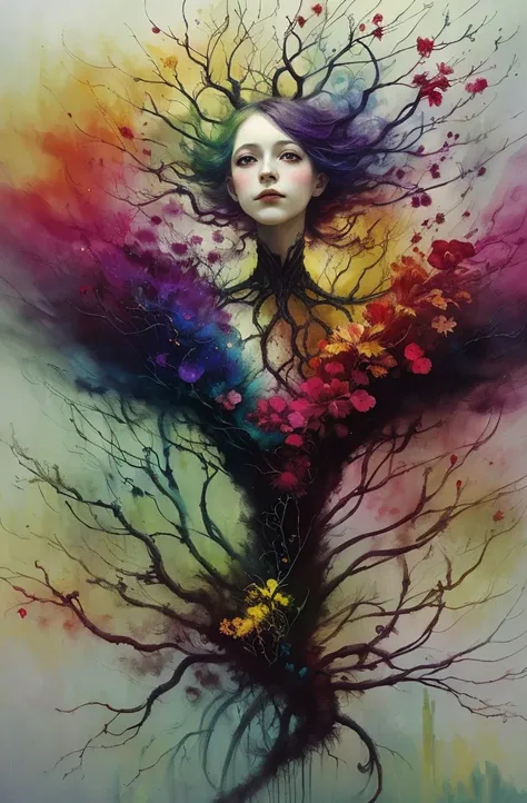 caos, elegante, vivid colors, arte por anne bachelier, atmospheric, a girl, elegante, borboletas, flores florescendo, em movimen...