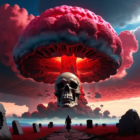 Skull-shaped nuclear mushroom cloud ascending above crimson clouds, epic and cinematic, ultra-quality with perfect composition, intricate details, octane render, trending on ArtStation, 8K resolution, photorealistic concept art, soft natural volumetric cin...