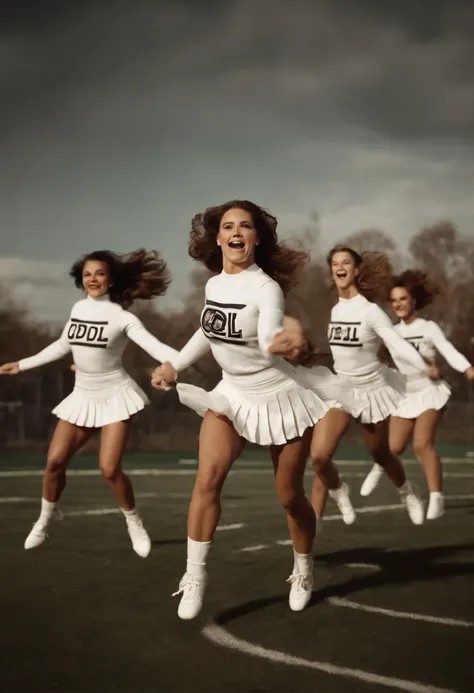 gorgeous lady cheerleaders in white tight turtlenecks with "CDL" lettering and short pleated skirts, flailing wildly as they tumble through the air  a father