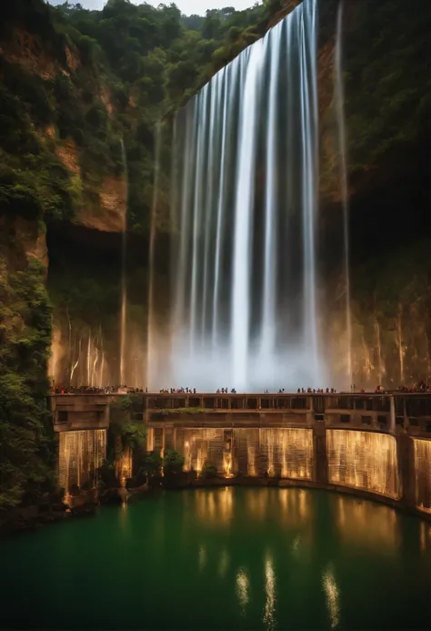 huge water curtain、Huge water curtains on both sides、symmetrical water curtain、600,000 people walk between the water curtains