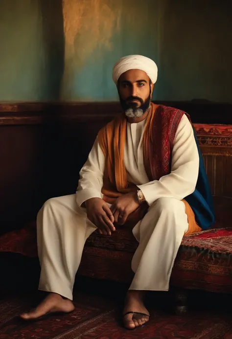 A MAN SITTING WITH WEARING ARABIC CLOTH 