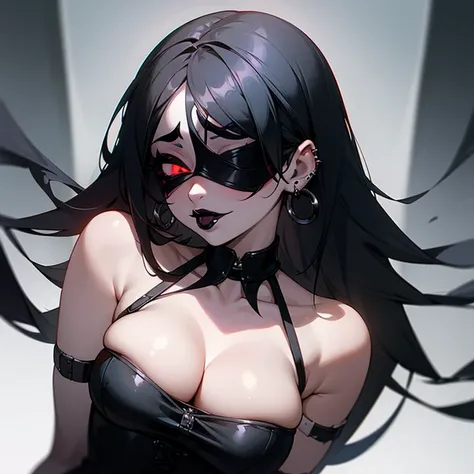 a woman black corset , with piercings,  1girl, solo, left half black hair, long hair, ring, right half silver hair, (((black lips))),  (((ahegao))),
Vertical roll hair, blindfold, 