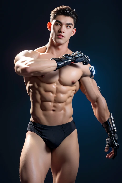 Sculpture design，Figures，GK model，The whole body of the character，Shirtless muscular man,  wearing nothing on upper body,  Expose muscles，base， Handsome cybernetic boy looking at camera lingerie detailed muscular reality masterpiece，musculous , 16k resolut...