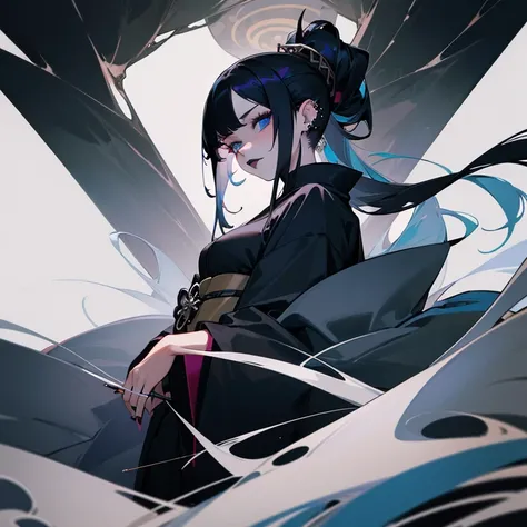 masterpiece, best quality, a woman black kimono, with piercings,  1girl, solo, left half black hair, long hair, ring, right half silver hair, (((black lips))),  
Vertical roll hair, blue eyes, two-tone hair, pov