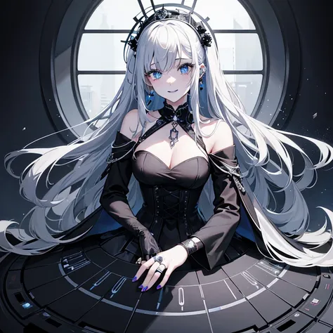 ((DJ deck))), a woman in black Wedding dress and goth hair, with piercings, 1girl, solo,  long hair, ring, silver hair, ((blue lips)), blue eyes, in blue rose, DJ, looking at viewer, ((happy)), (((black Wedding dress)))