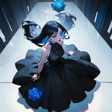 a woman, (((black dress ))), with piercings,  1girl, solo, left half black hair, long hair, ring, right half silver hair, (((blue lips))), 
Vertical roll hair, standing in big single blue rose, from above, wedding 