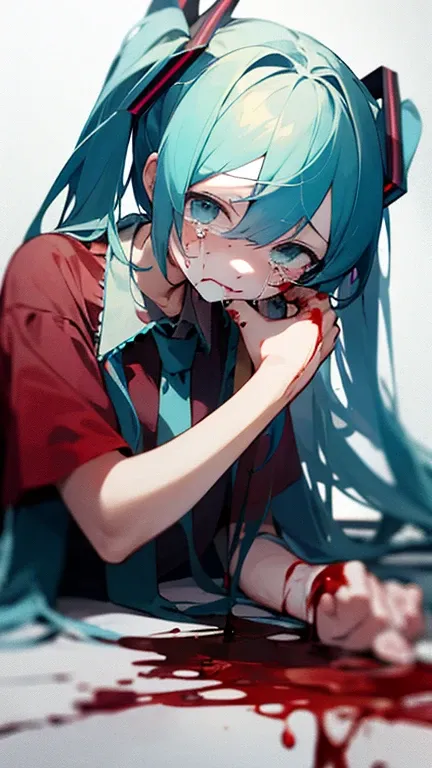 hatsune Miku sad, crying, looking at viewer, blood 