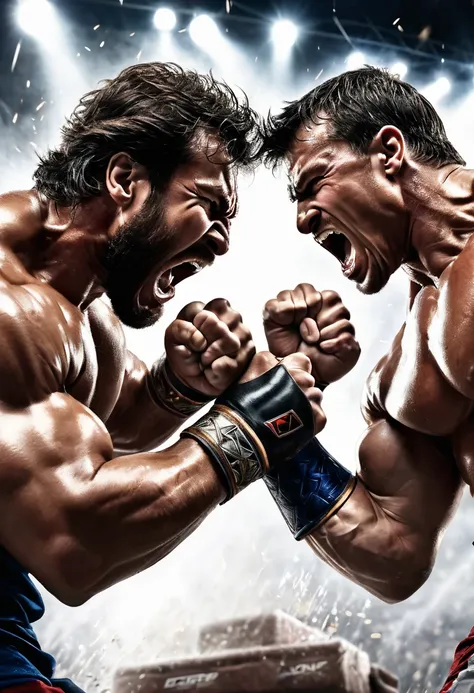 (a thrilling arm wrestling match),(dramatic lighting),(muscular arms),(intense facial expressions),(crowd cheering),(sweat dripping),(tension-filled atmosphere),(powerful grip),(veins popping),(competitive spirit),(determined eyes),(strong determination),(...