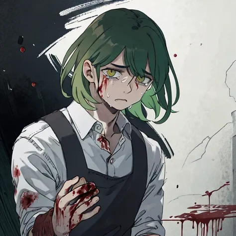 man with green hair,  brown hair, sad, crying, looking at viewer,bloody hands, dark