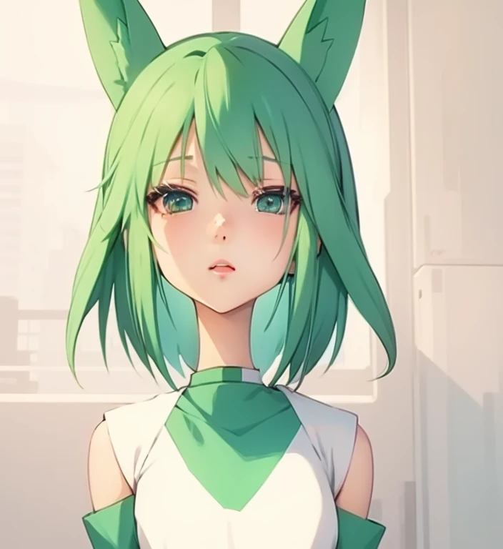 anime girl with green hair and ears in a white and green outfit, mikudayo, anime girl with cat ears, anime moe artstyle, anime visual of a cute girl, stylized anime, anime style. 8k, digital green fox, made with anime painter studio, girl with fox ears, in...