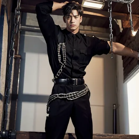 1boy,masterpiece,best quality ,ansheng, ,police_uniform,dungeon,muscular,chain,stretch,