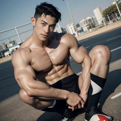 Top quality, ultra high resolution, very detailed, (photorealistic: 1.4), dynamic angle, very handsome, perfect face, model shooting, full body,  naughty 25 years old Japan man, shirtless, soccer socks, soccer pants, selfie, (aegyo sal: 0.2), perfect body,...