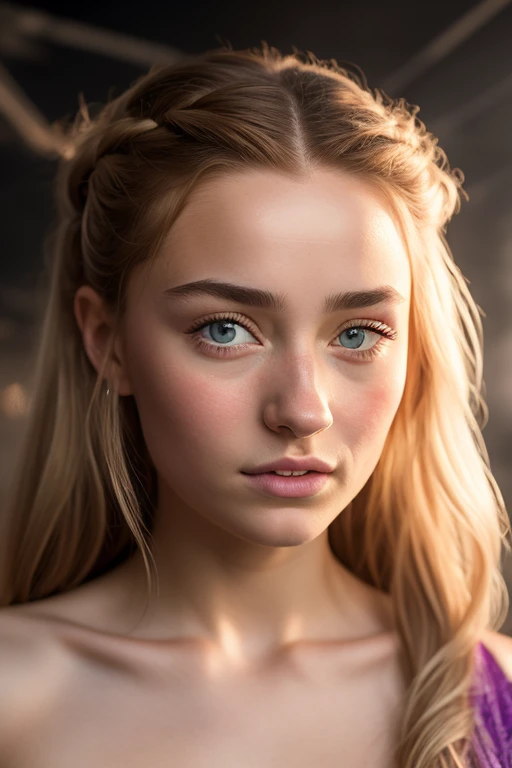 Sansa Stark, soaring female figure made of ribbons, smoke, in the sky, colorful and bright, mystical colors, modern impressionism, iridescent painting, 3/4 perspective view, cute face, low angle, wide swirling composition, big beautiful crystal eyes, large...