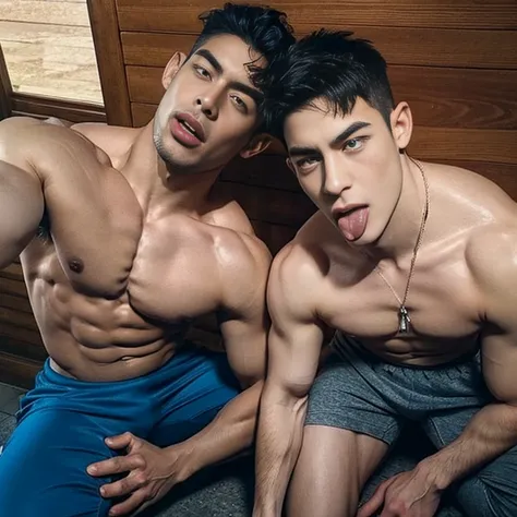 Top quality, ultra high resolution, very detailed, (photorealistic: 1.4), dynamic angle, very handsome, perfect face, model shooting, full body,  naughty 25 years old Japan man, shirtless,  selfie, (aegyo sal: 0.2), perfect body, (blue shaved side hair: 1)...