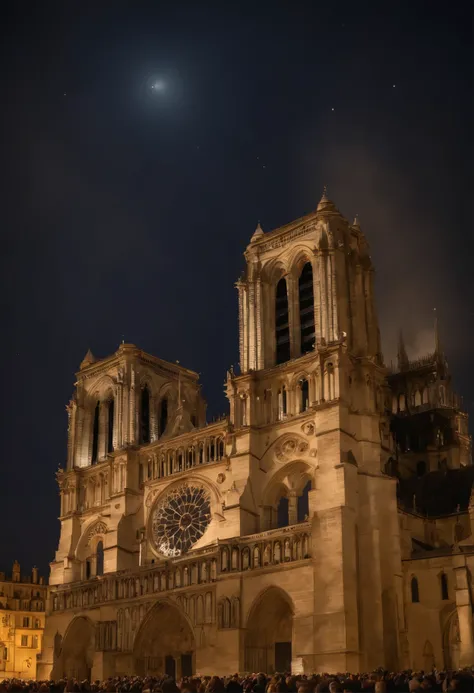 Catedral de notre dame, de noche, lloviendo, luna llena de fondo estrellas, professional photography 