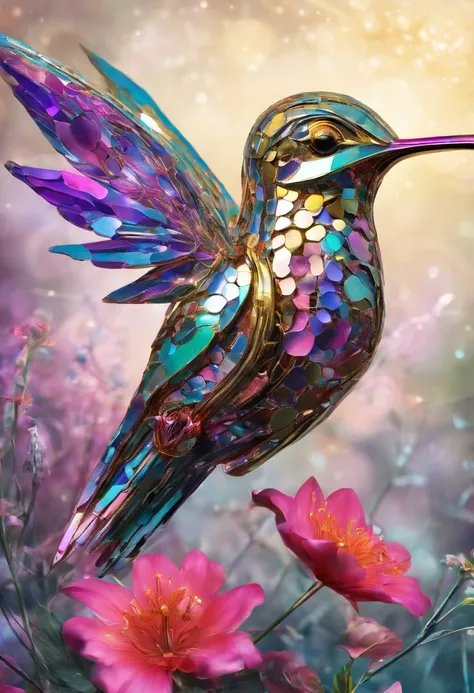 a metallic hummingbird in a futuristic landscape, where flowers are made of metal