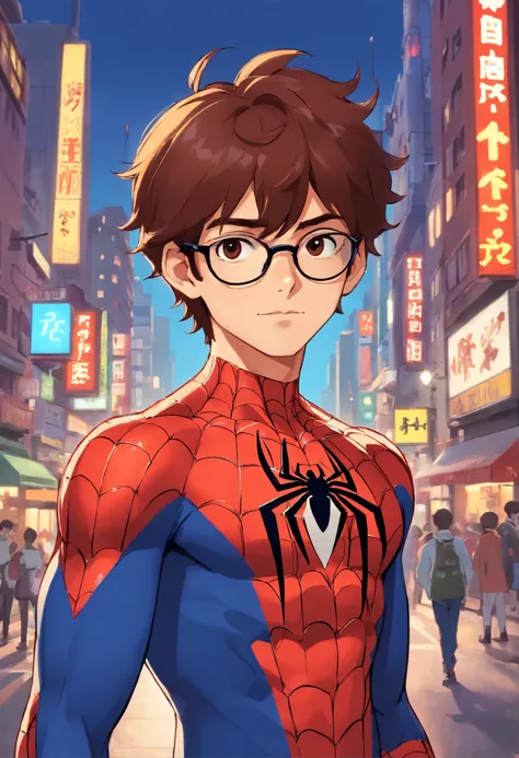 Hombre adolescente con traje de Spiderman dibujado tipo Marvel y con tez moreno y cabello rizado corto y de color rojo y que tenga unos lentes oscuros