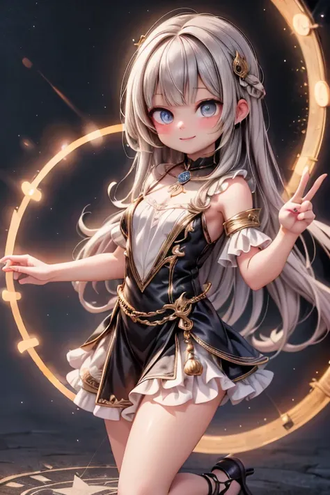 masterpiece, best quality, absurdress, a cute sorceress smiling, emerging from a magic (((glowing circle of light))), ((at night...