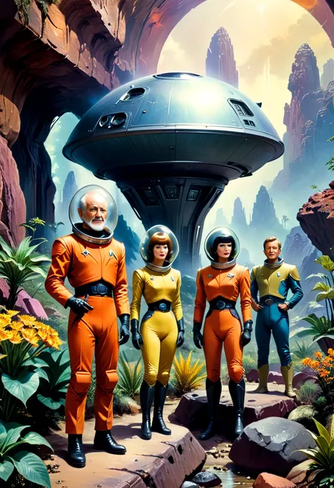 Crew of an old starship from a 1960s TV series in a rustic, planeta pitoresco, lost in space, with scenic plants and rocks, republic series, Programa de TV de Irwin Allen, Science fiction, Uniformes de acampamento coloridos estilo Star Trek e Lost in Space...