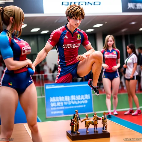 a swedish women's volleyball magic circle team (blonde hair, blue eyes, smoking hot), with a secret agent male bodybuilder in an...