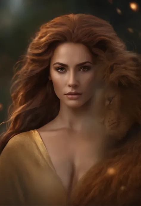 woman lion spirit, moddest, queen, amber eyes, left eye brown spot, Liones brown hair, Lion ears, rounded face, light freckles, fears, brown dress, close up