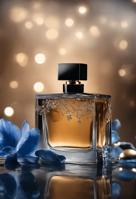 Attractive design on a black background with blue product display, Leave an empty space，So I can insert an image of Perfume falling into the water . The background should exude elegance and sophistication, Melhore o apelo visual do perfume que colocarei na...