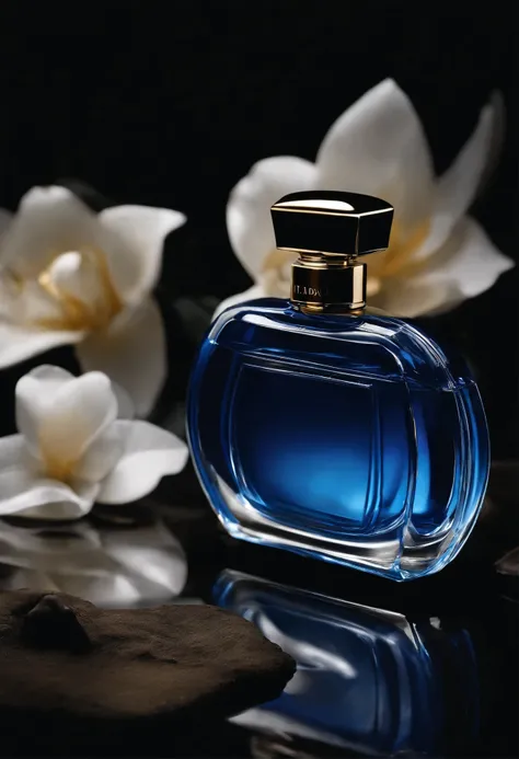 Attractive black background design with blue caomdp product display inside water, O background deve ser azul cor de pscina, Enhance the visual appeal of the perfume exude elegance and sophistication . You are free to use enlightenment, texturizado, and com...